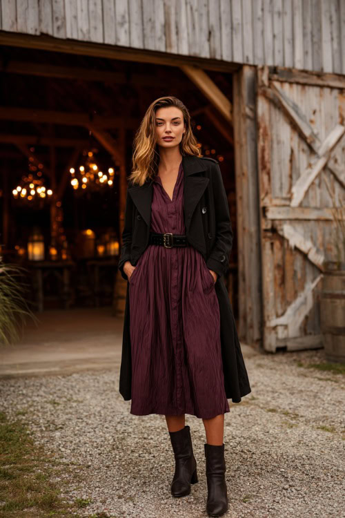 A woman wears a plum-colored pleated midi dress with a belted waist, layered with a tailored black trench coat and heeled boots