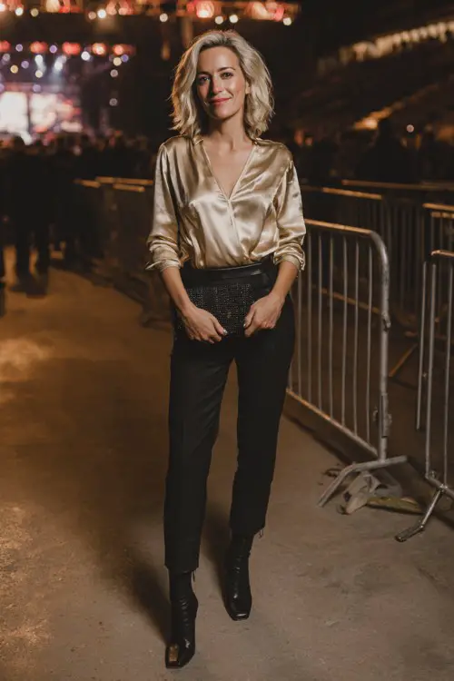 A woman over 40 wears tailored black trousers, a champagne satin blouse, and heeled ankle boots, holding a clutch