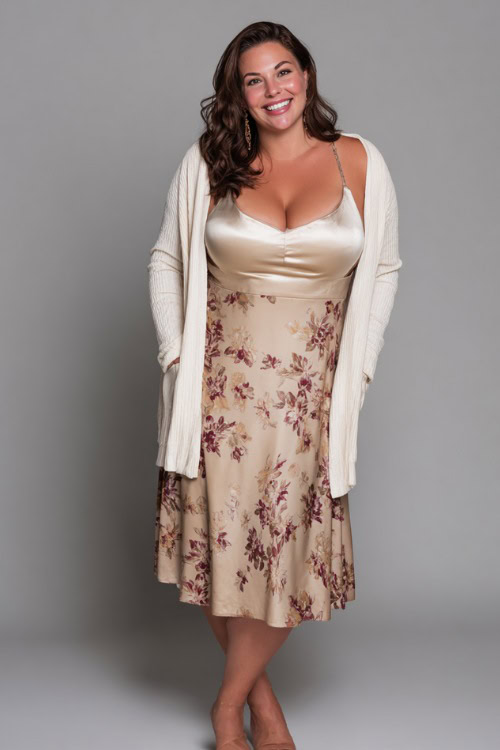 A plus-size woman in a midi slip dress with a light cardigan draped over her shoulders and open-toe heels, styled for a dinner-ready summer night