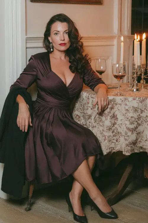 A woman over 40 wears a dark plum crepe dress with a fitted bodice and pleated skirt, paired with black pumps and a satin shawl