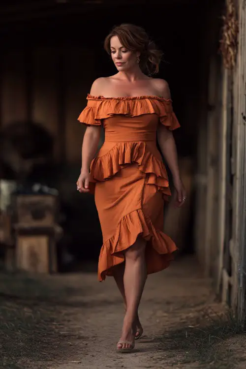 A plus-size woman over 50 in a terracotta off-the-shoulder midi dress with layered ruffles and block heels, walking across a rustic barn wedding path