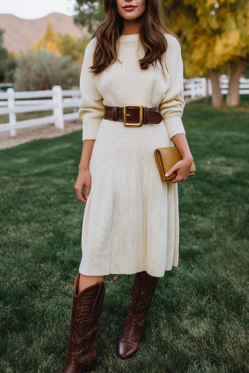 A woman in a cream sweater dress with a flowy skirt and brown belt, paired with mid-calf cowboy boots and a simple clutch