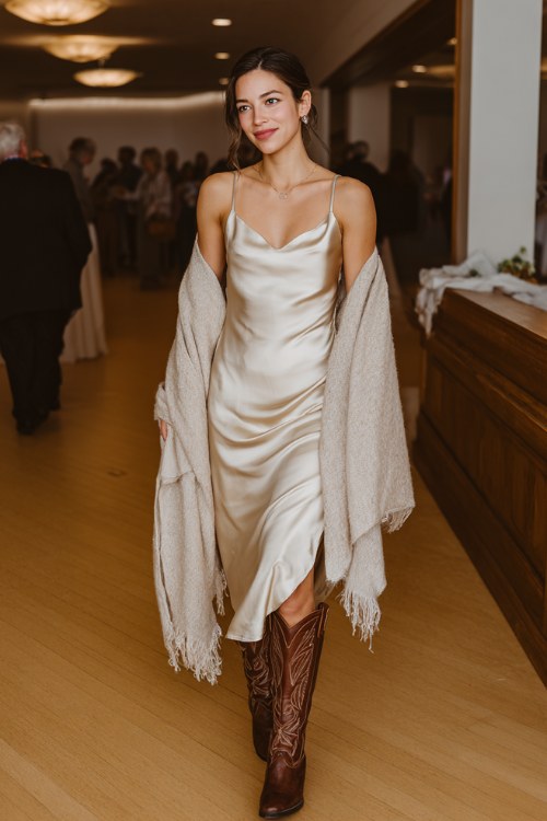 A woman over 30 wears a champagne-colored satin slip dress layered with a long ivory shawl and brown tooled leather cowboy boots