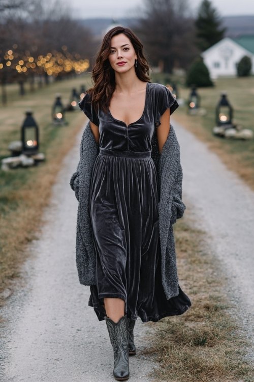A woman over 40 in a charcoal gray velvet gown with short flutter sleeves and a flowy skirt, paired with dark silver cowboy boots and a long knit cardigan