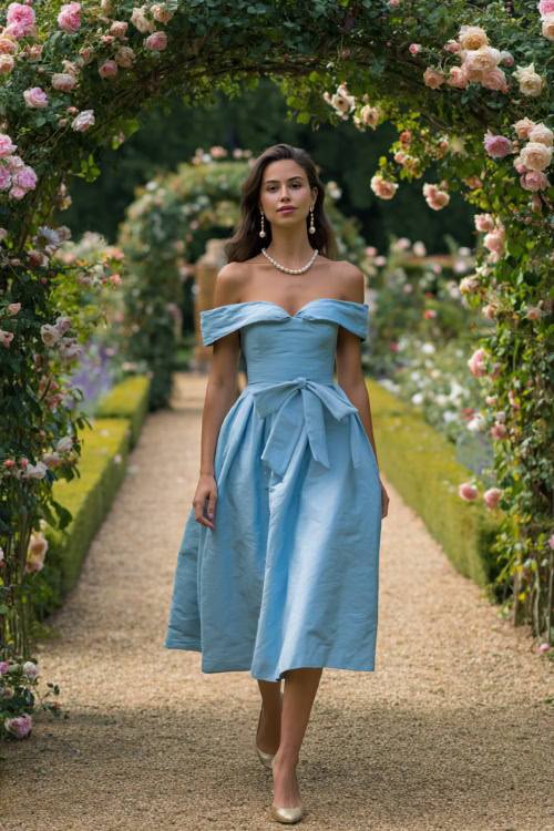A woman in a soft blue off-shoulder A-line dress with a bow belt and pearl earrings, walking through a rose-covered garden path at an elegant summer wedding