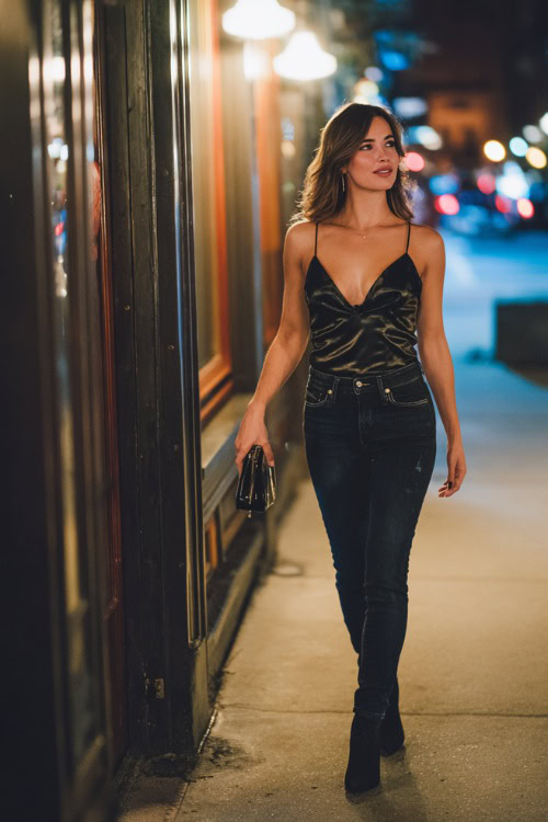 A woman in dark skinny jeans, a black satin camisole, and heeled ankle boots, holding a clutch while walking into a city bar on a fall night, full body outfit visible