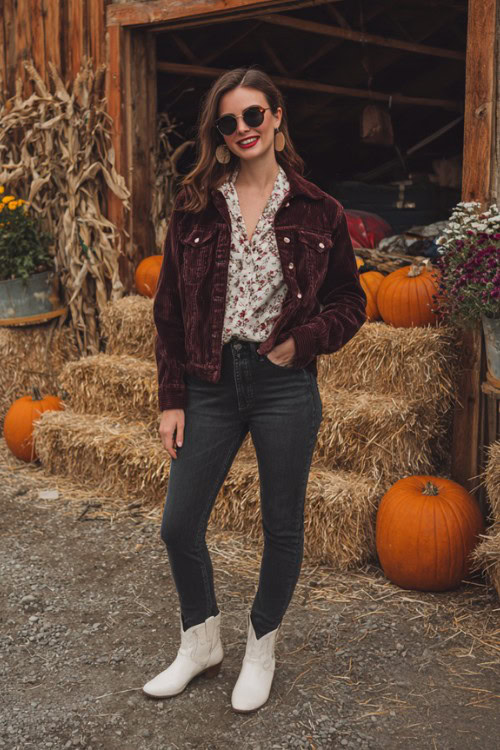 A woman over 30 wears dark skinny jeans, a burgundy corduroy jacket over a tucked-in floral blouse, and western white boots