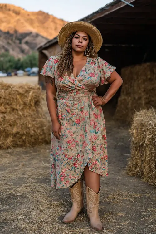 A plus-size woman wearing a floral wrap midi dress with flutter sleeves and tan cowboy boots, accessorized with hoop earrings and a straw hat