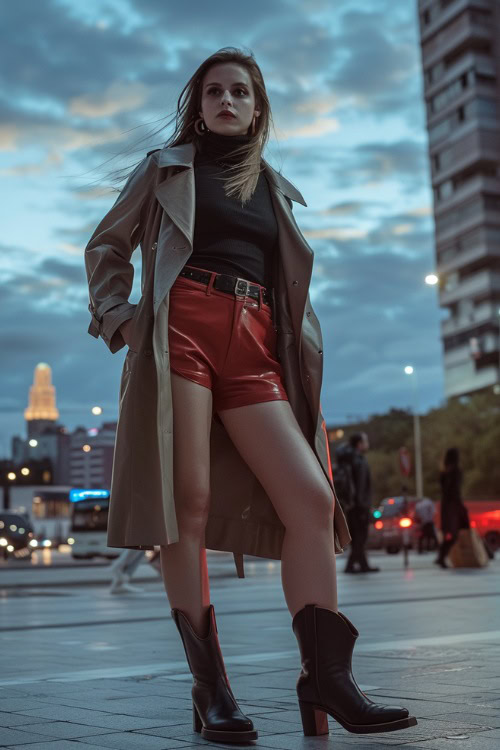 A woman wears brown cowboy boots with red leather shorts, black top and a beige blazer