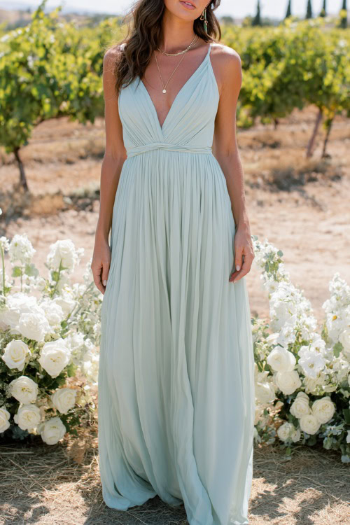 A woman in a light mint green sleeveless flowy dress with a pleated skirt and delicate necklace, standing beside white rose arrangements at a vineyard wedding