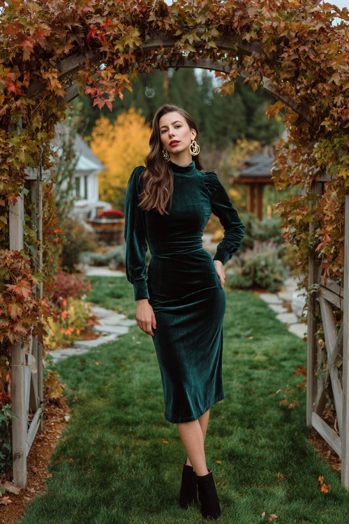 A woman wears a velvet dark emerald midi dress with a high neckline and long sleeves