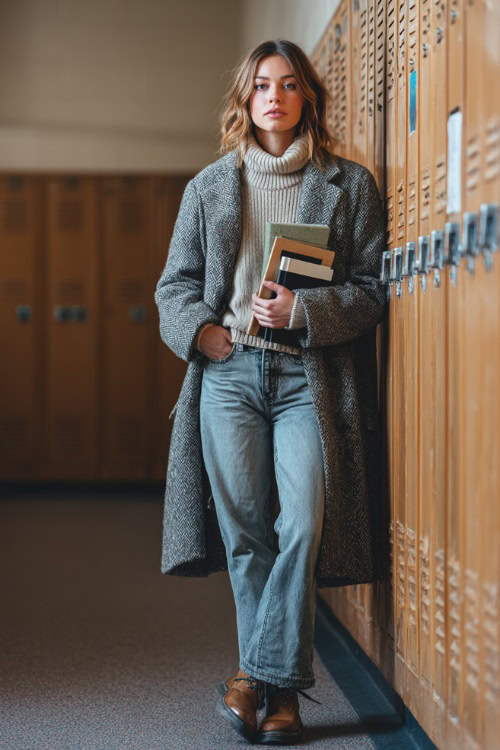 Young woman in a wool coat, turtleneck sweater, straight-leg jeans, and ankle boots, holding books while standing near school lockers