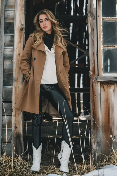 A woman wears white cowboy boots with leather leggings , white top, and trench coat
