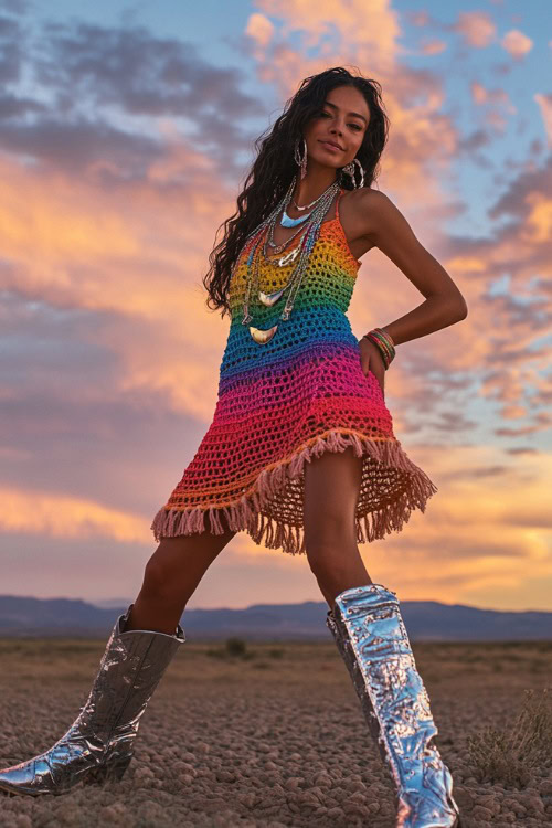 A playful woman in a rainbow crochet dress with metallic cowboy boots and layered necklaces, posing against a pastel sunset sky