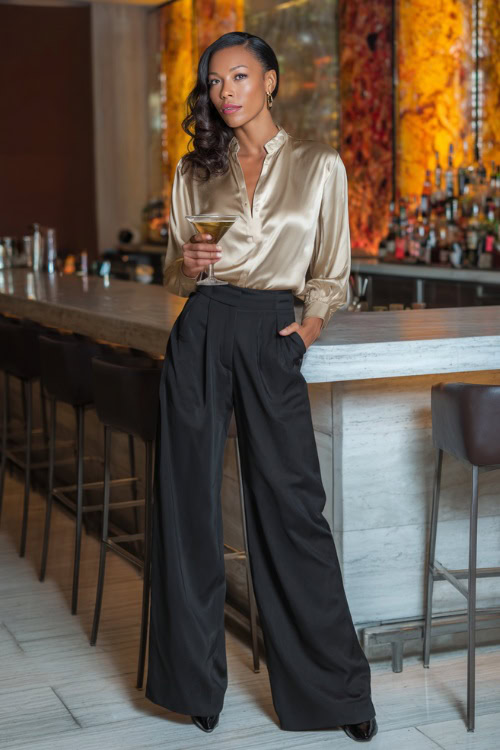 A Black woman wearing black wide-leg trousers, a silky champagne blouse, and pointed pumps, holding a martini glass in a modern fall cocktail bar