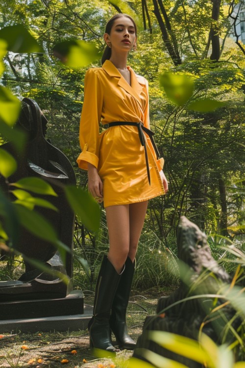 A woman wears black cowboy boots and a short yellow wrap dress