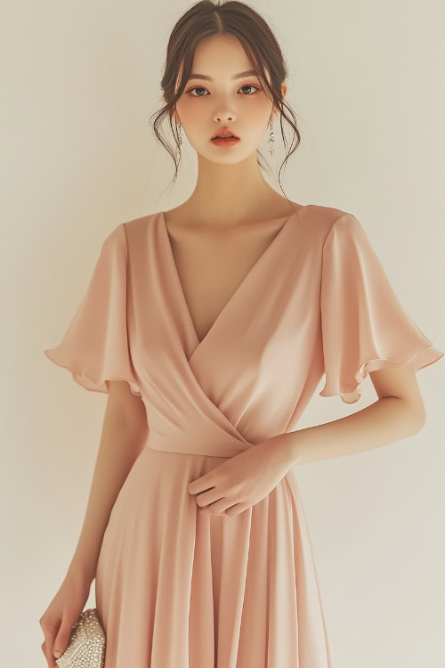 a woman wears a classy and elegant peach wedding guest dress