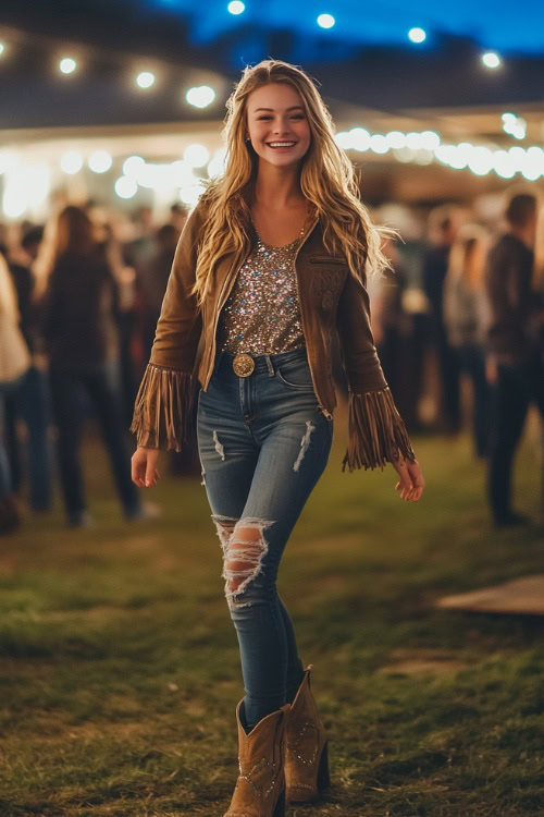 An energetic girl enjoying herself at an evening country concert, styled in distressed denim jeans tucked casually into her short cowboy boots