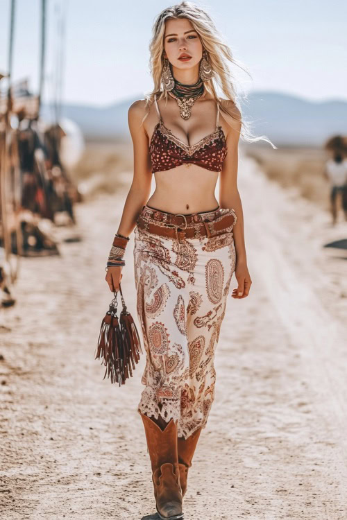 A stylish woman in a lace-up corset top with a high-waisted paisley-print maxi skirt, accessorized with brown cowboy boots and a fringe shoulder bag