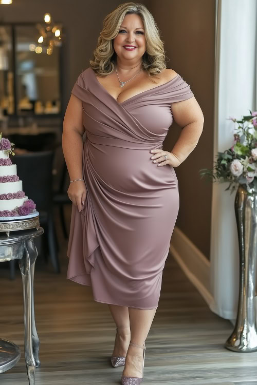 A plus-size woman over 50 in a chic asymmetric mauve dress with a draped neckline and high-low hem, paired with pumps