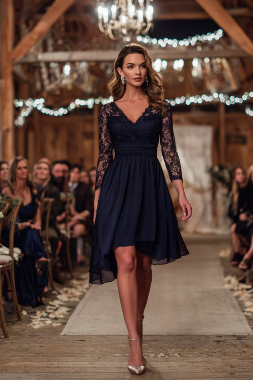 A woman wears a navy blue chiffon A-line dress with lace sleeves, styled with silver heels and pearl earrings, walking along a decorated wedding aisle inside a rustic barn venue