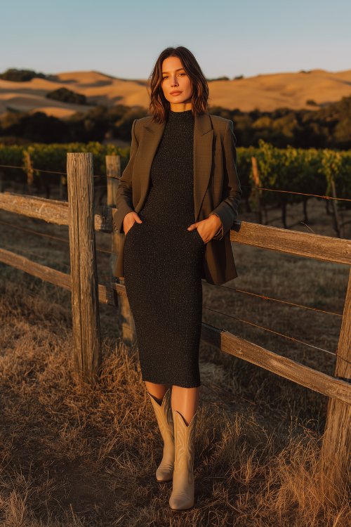 A woman in a black mock-neck midi dress with subtle shimmer, styled with bone-toned cowboy boots and a structured dark olive blazer