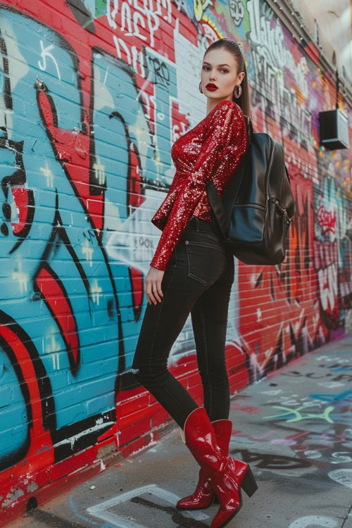 a woman wears black jeans, sequin red top and red cowboy boots for concerts