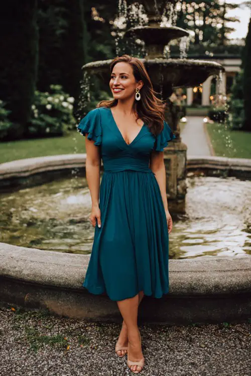 A woman over 40 wears a deep teal A-line midi dress with a pleated skirt and flutter sleeves, paired with heels and pearl earrings