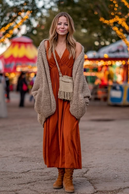 A plus-size woman wears a rust-orange maxi dress layered with a chunky knit cardigan, suede boots, and a crossbody fringe bag, standing by glowing fall festival lights