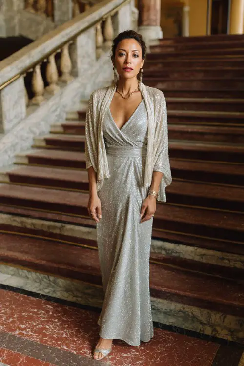 A woman over 50 wears a long silver sequin wedding guest gown with sheer shawl and delicate jewelry, and pumps
