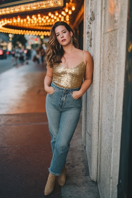 A curvy woman wears high-rise jeans with a gold sequined tank top, accessorized with hoop earrings