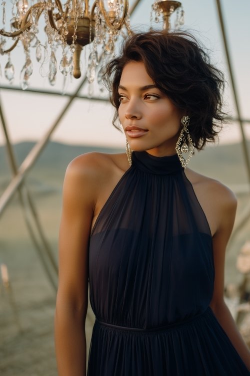 A petite woman in a navy chiffon high-neck gown with a flowing skirt and gold earrings