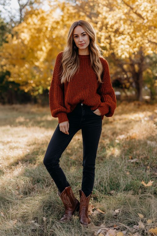 A woman wearing a rust-colored chunky knit sweater, fitted black jeans, and brown cowboy boots