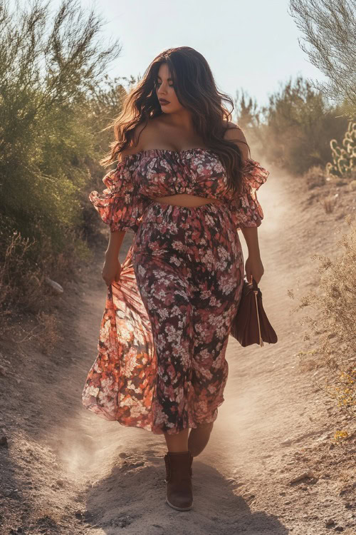 A plus-size woman in a flowy off-the-shoulder floral maxi dress with puff sleeves, styled with a fringe crossbody bag and suede ankle boots