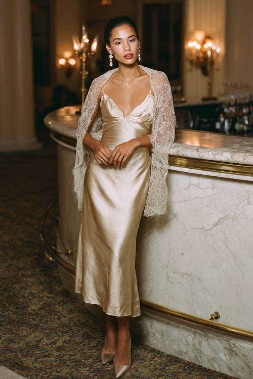 A woman wears a champagne satin gown paired with a delicate lace shawl draped over her shoulders