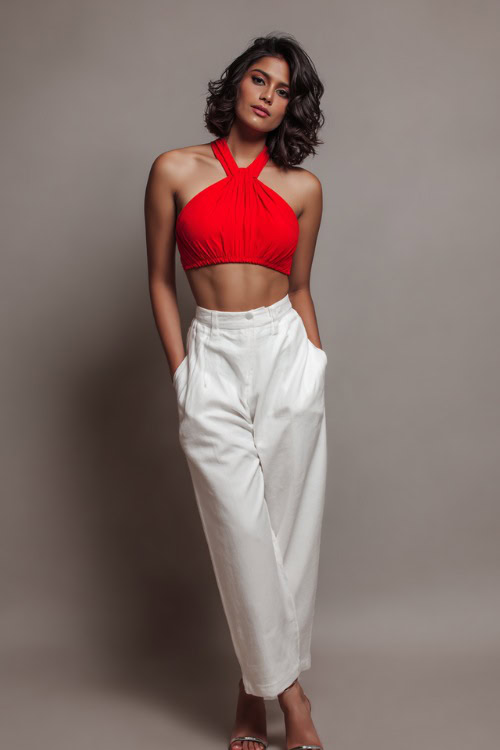 A woman wearing a bright red halter crop top with high-waisted white trousers and open-toe heels, styled for a trendy summer night, simple studio background