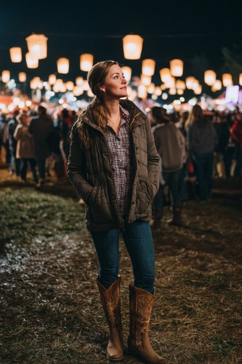 A woman over 30 wears a quilted puffer jacket over a plaid button-down shirt and jeans, paired with suede cowboy boots, standing in a festival crowd with lantern lights