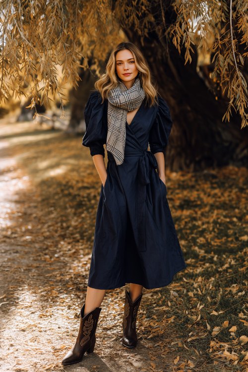 A woman in a navy wrap midi dress with puff sleeves and velvet texture, styled with a light plaid scarf