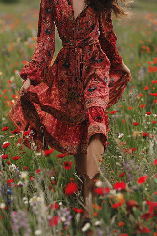A woman wears a brown cowboy boots with a long red dress