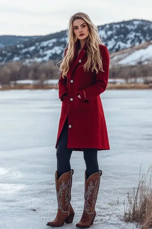 Fashion-forward woman in a deep red pea coat, leggings, and tall brown cowboy boots with silver embellishments