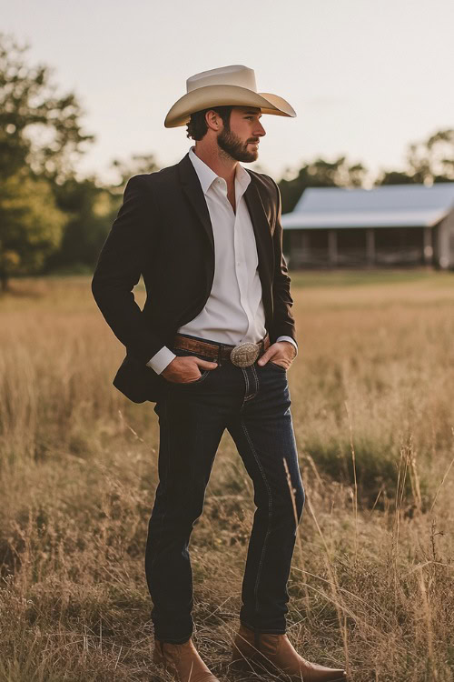 A groom in fitted dark-wash flared jeans tucked into suede cowboy boots, paired with a crisp white dress shirt and a sleek black blazer