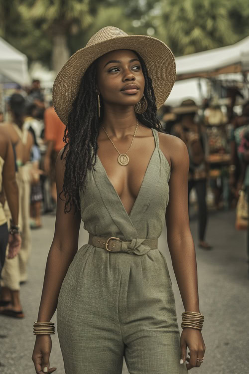 A relaxed Black woman in a linen jumpsuit with a wide belt and flat sandals, accessorized with a straw hat and gold bracelets, walking near a low-key festival corner