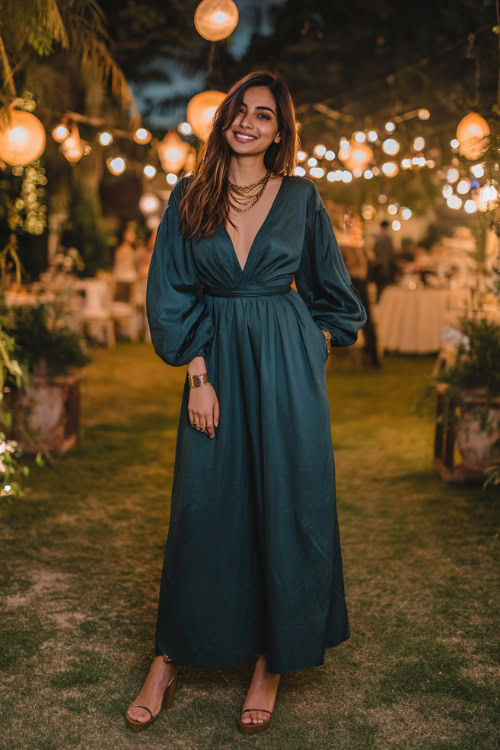 A woman wears a dark teal-green maxi dress with bishop sleeves and a cinched waist