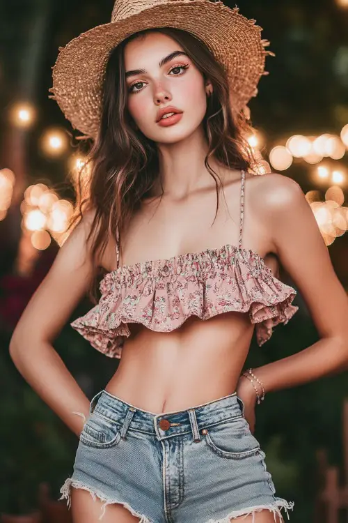 A casual yet stylish woman in a sleeveless ruffled boho top with distressed denim shorts, accessorized with simple brown sandals and a straw hat