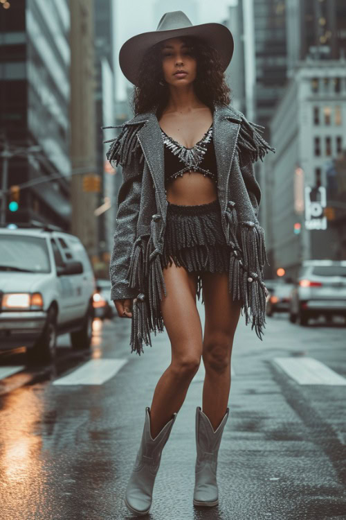 a woman wears grey cowboy boots with grey jacket and black fringe skirt