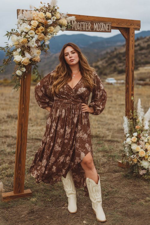 A curvy woman in a chocolate brown floral-print chiffon dress with a belt and cream cowboy boots