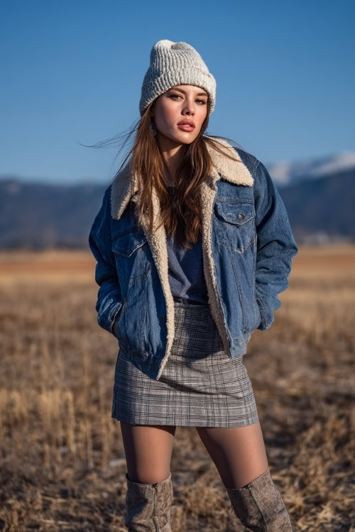 A woman wears a denim shearling jacket over a plaid skirt and tights, styled with western boots and a knit beanie, standing in a chilly autumn field at a music festival