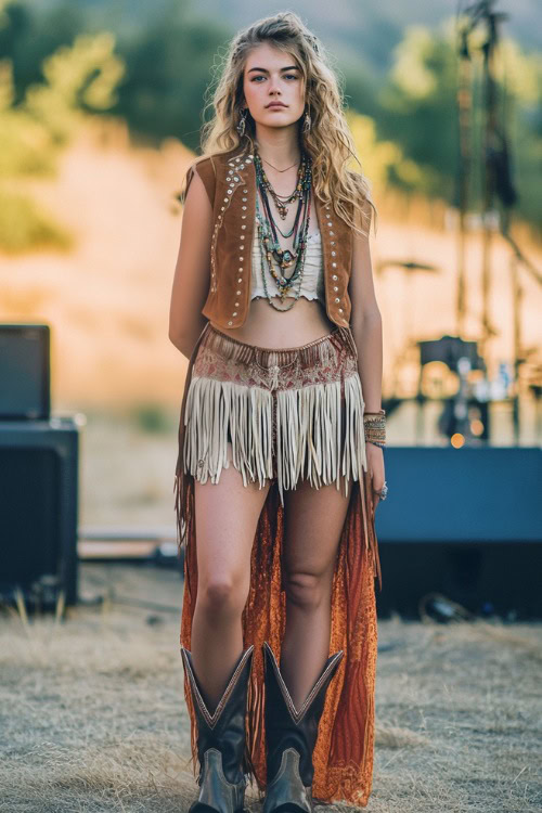 A young woman wearing a fringe suede vest, a boho maxi skirt, and studded cowboy boots