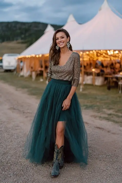 A woman wears an emerald tulle skirt with a fitted sequin top, paired with embroidered cowboy boots and chandelier earrings