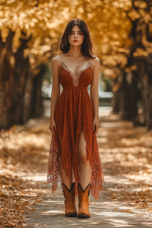 A stylish woman in a rust-colored maxi slip dress with delicate lace detailing, paired with tan suede cowboy boots (2)